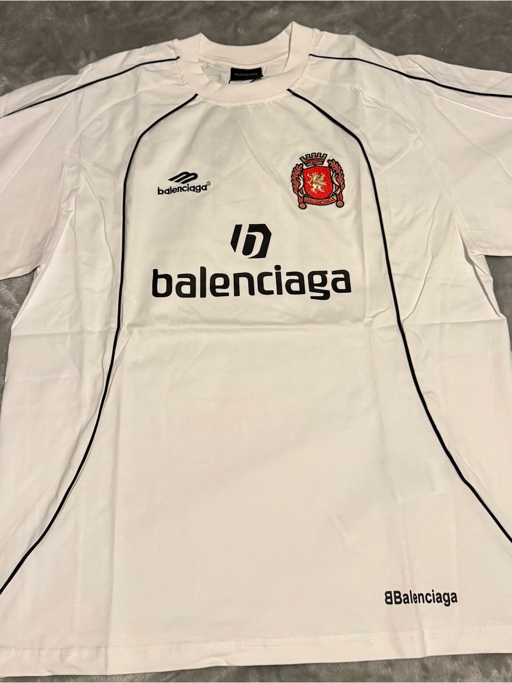 Balenciaga White Short-Sleeve Logo Soccer Jersey with Red Crest